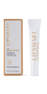 A single white tube of lipsmart with gold writing sitting beside a gold box
